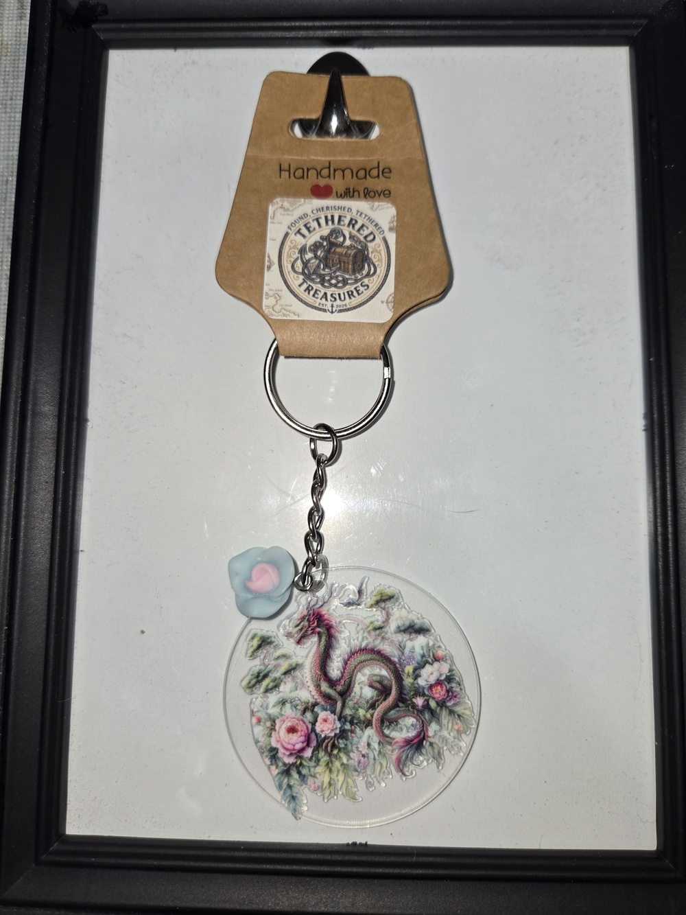 Tethered Treasures Pink Floral Dragon Keychain Card Holder